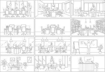 Collection of hand drawn sketches depicting office meetings and brainstorming sessions