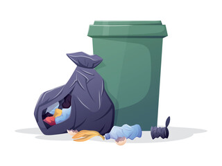 Overflowing trash can with torn garbage bag and scattered litter, vector isolated cartoon illustration of urban waste, pollution, hygiene issues, and environmental concerns
