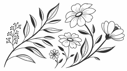 Fototapeta premium Botanical hand drawn floral elements. Black and white line art flower and leaf illustrations set for design.