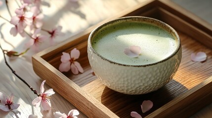 A textured ceramic bowl of matcha tea with a cherry blossom petal on top, placed on a wooden tray surrounded by delicate cherry blossoms and soft sunlight.