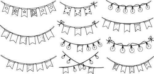 Set of hand drawn sketch garlands with flags and light bulbs.
