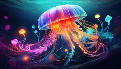 Obraz premium jellyfish in abstract water, glowing tentacles__ 
