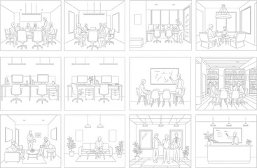 Collection of hand drawn sketches depicting diverse office environments and meeting spaces