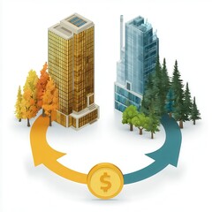 Illustration of financial flow between golden urban buildings and eco-friendly structures surrounded by trees, symbolizing sustainable economy.
