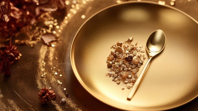 Gold plate with gold flakes and spoon, autumnal setting.