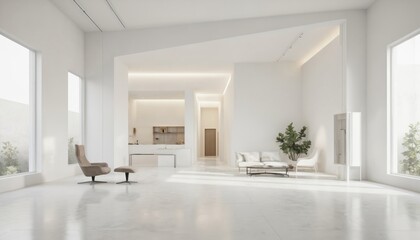 Spacious modern showroom mockup features sleek furniture with soft ambient lighting. Minimalistic interior design with contemporary, elegant, luxurious furnishings. Clean, roomy exhibition space with