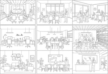 Architectural sketches of modern office interiors and meeting spaces