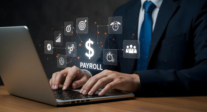 Efficient digital payroll management, businessman handling finances with interconnected icons.

