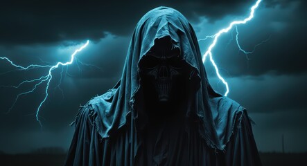 Grim reaper hooded figure lightning strikes dark fantasy halloween scary concept art