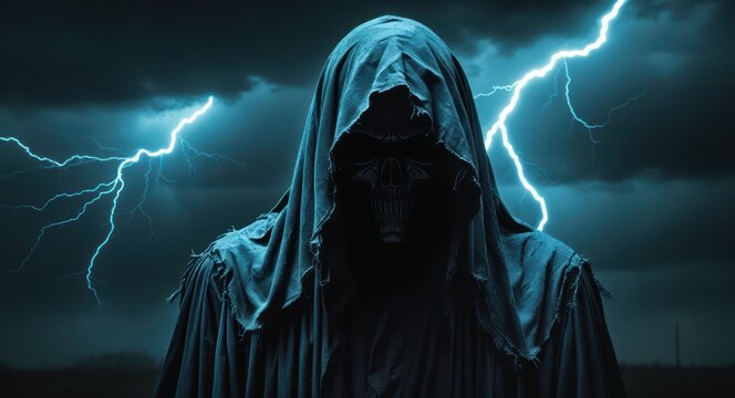 Grim reaper hooded figure lightning strikes dark fantasy halloween scary concept art