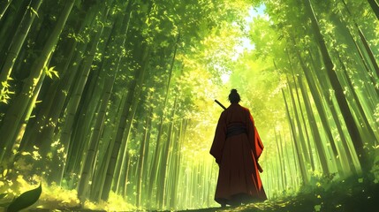 Lone Figure in a Serene Bamboo Forest