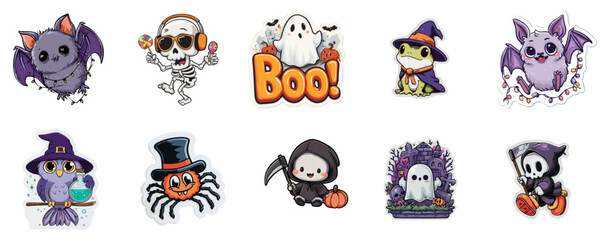 Halloween-themed cartoon icons of bats, ghosts, and skeletons  