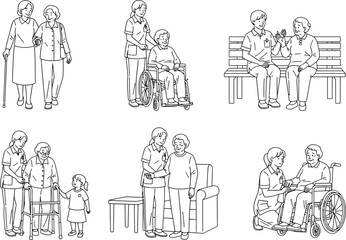 Vintage line art depicting family moments and caregiving scenes