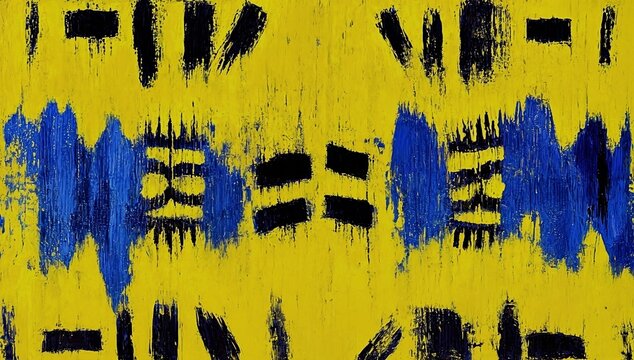 Bold abstract painting with a cheerful face featuring bright yellow and blue hues, accented by black lines.