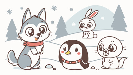 Obraz premium Cute cartoon winter animals illustration. Adorable wolf, rabbit, penguin, and seal in a snowy landscape for kids.