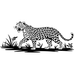 Black and white leopard silhouette isolated on white background