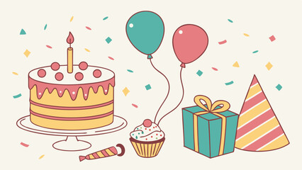 Birthday party celebration objects including cake, balloons, gift, party hat, cupcake, and confetti. Festive background.