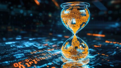 Digital hourglass with futuristic light effects surrounded by matrix-like digital data stream - Powered by Adobe