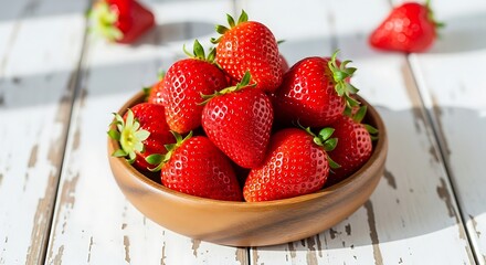 Fresh Strawberries in Wooden Bowl on White Surface &ndash; Rustic Simplicity and Natural Nutrition