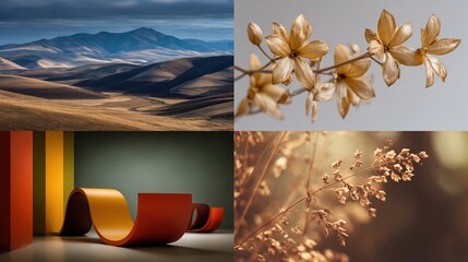 A four-panel image featuring a mountainous landscape, dried flowers, abstract curved shapes in warm tones, and close-up of dried grasses, all in autumnal colors