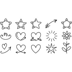 Cute line sketch star arrow heart decoration silhouette isolated on white background