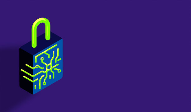 3D isometric padlock with neon green circuit lines on a purple background, symbolizing cybersecurity, digital protection, and data privacy with futuristic style