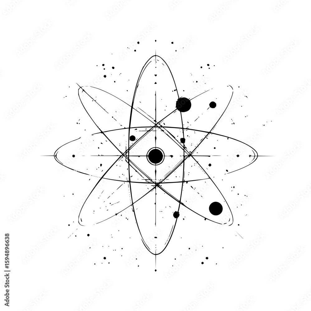 Poster illustration of an atom model with orbiting electrons and nucleus in a grunge style design element