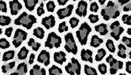 Seamless black, white snow leopard print texture featuring animal spots. This abstract background pattern mimics fur, ideal for textile, fashion design, wallpaper, or wrapping paper applications.