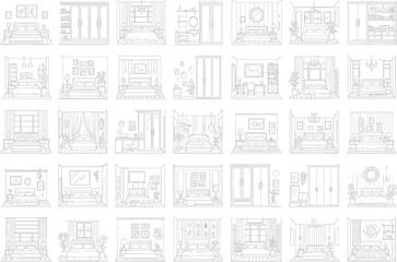 Collection of architectural interior design sketches and floor plans