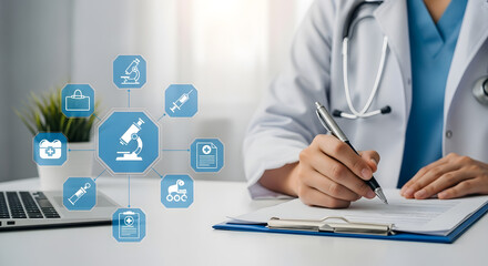 A doctor sits at a desk, writing in a clipboard, with medical icons surrounding them, suggesting medical record keeping or patient care.