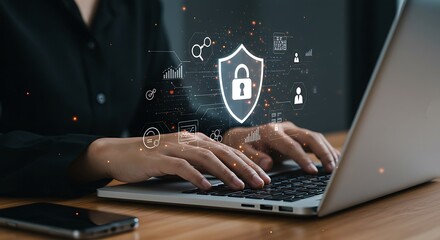 Close-up of a person typing on a laptop, with security icons overlayed, suggesting online safety and data protection.