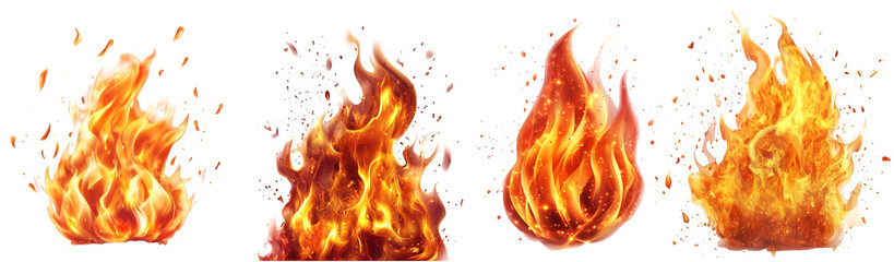 Set of burning flames and fire elements isolated on white background