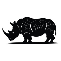 Obraz premium Silhouette of a rhinoceros with a prominent horn against a white background