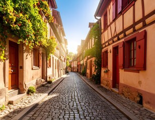 Fototapeta premium Charming cobblestone street lined with historic half timbered houses in sunlight