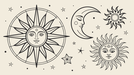 Celestial sun moon stars vector illustration set. Boho vintage mystical cosmic sky outline graphic design elements.
