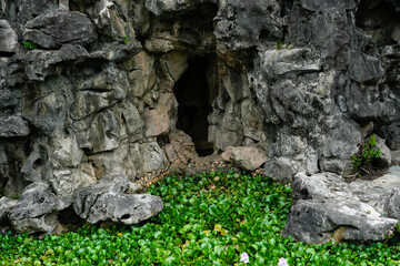 rocky cave entrance surrounded by lush green foliage and natural formation