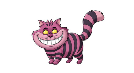 Grinning Pink Striped Cat with Yellow Eyes on White Background