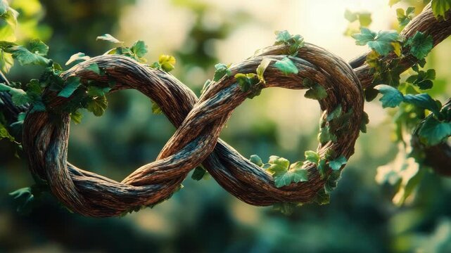 Wooden infinity symbol made from intertwined branches with green leaves against blurred background