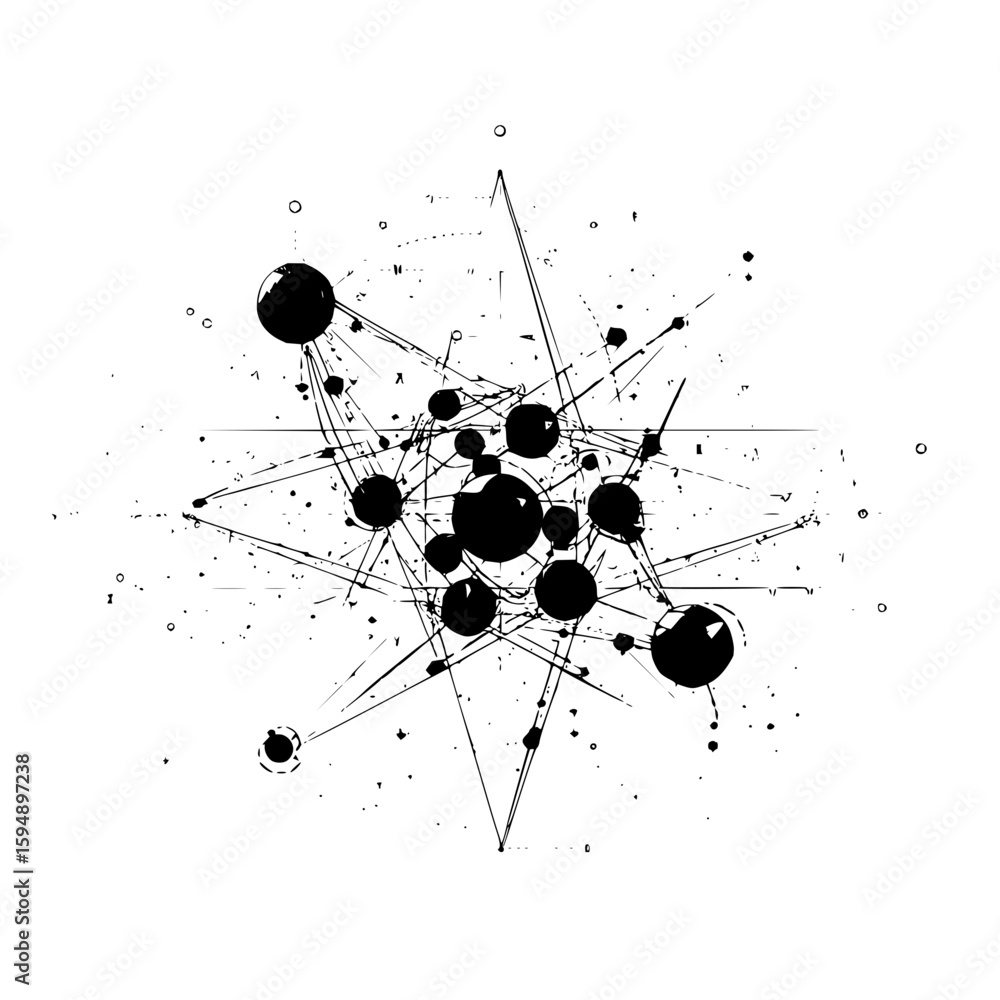 Poster abstract black and white illustration of connected spheres and lines with splatter effect design ele