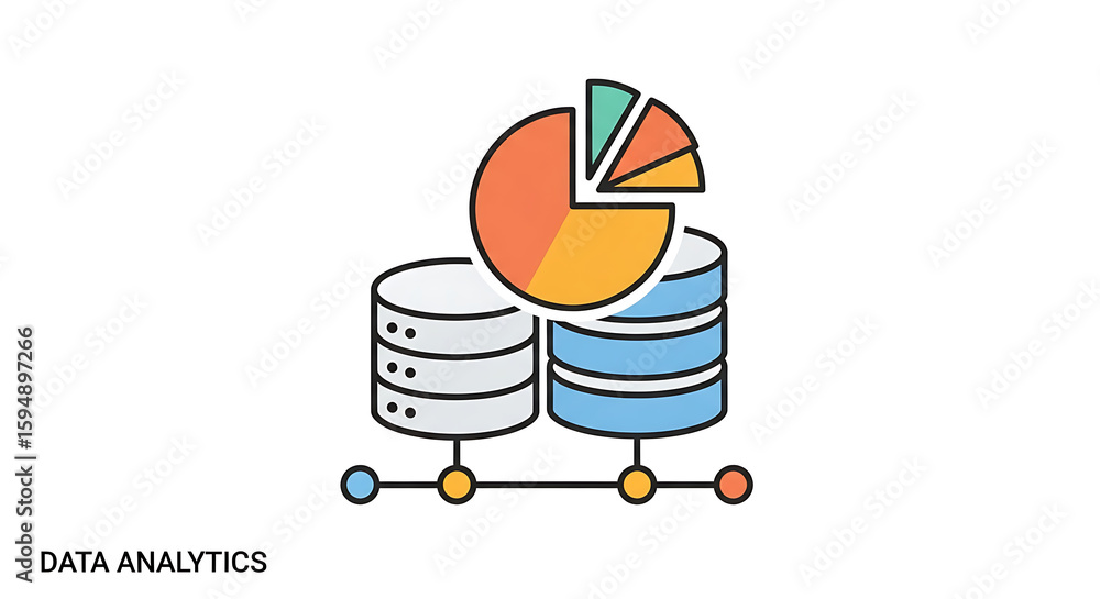 Aufkleber illustration of data storage cylinders with a pie chart on top connected by a network line ai genrat