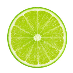 A single, perfectly cut, vibrant green lime slice, juicy with translucent pulp and thin rind, isolated on a pristine transparent studio background with no shadows, commercial food photography concept