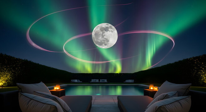 Full Moon Shining Over Swimming Pool with Aurora Borealis