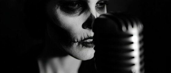 Woman with skeletal ghost makeup sings into vintage microphone