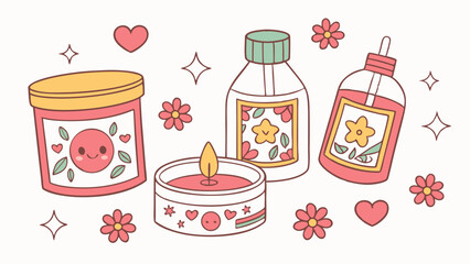 Fototapeta premium Cute self-care beauty products flat illustration. Kawaii skincare, cosmetic bottles, candle, flowers. Wellness and relaxation.