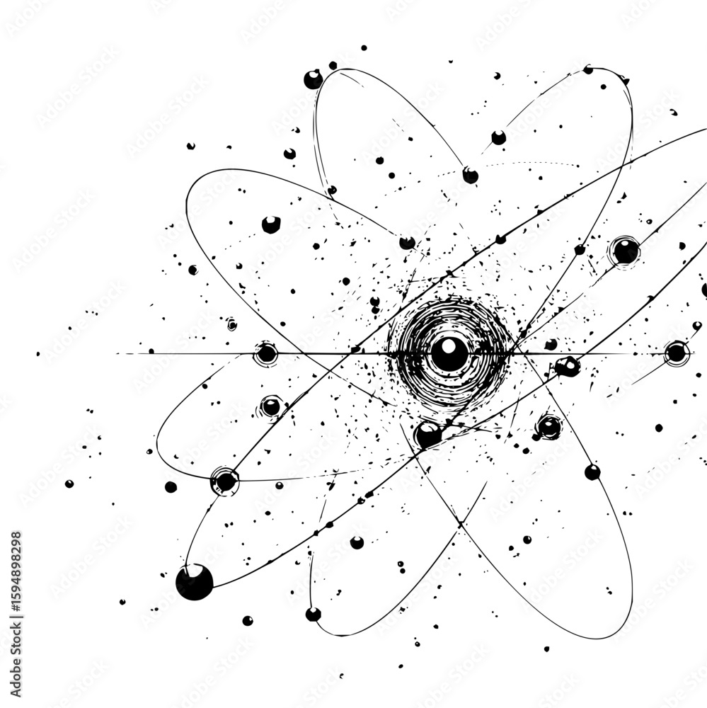 Poster stylized atom representation with orbital paths and scattered particles in black and white drawing