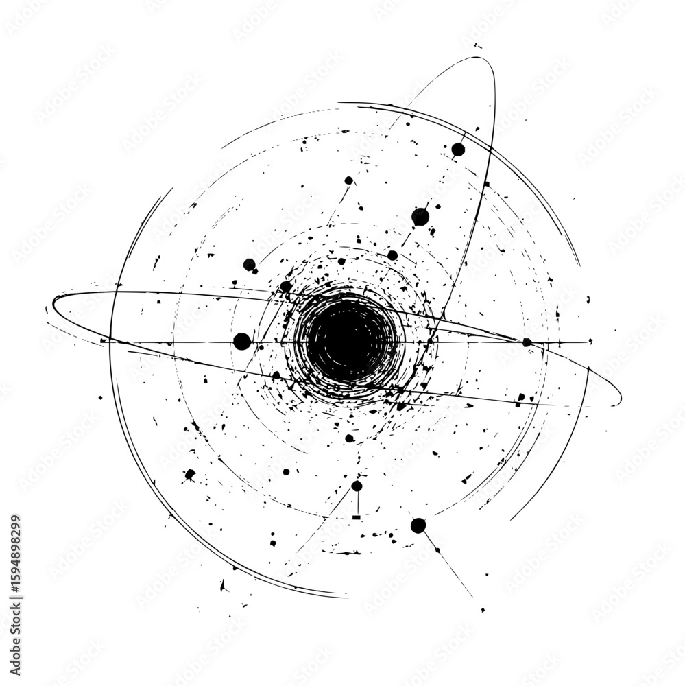 Aufkleber abstract black hole with orbiting objects and circular lines in a grunge style on a white background