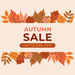 Autumn poster template with 30% discount with colorful leaves. Vector square seasonal sale banner.