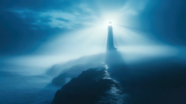 Lighthouse emitting powerful light beams stands on rocky coastal cliff surrounded by sea mist at dusk