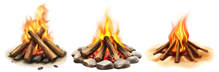Set of realistic campfire flames with burning wooden logs isolated on white background