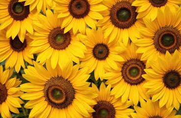 Close-up of bright yellow sunflowers with detailed centers. Petals form vibrant, repeating natural pattern against soft green background. This image conveys summer vitality, growth, organic beauty.